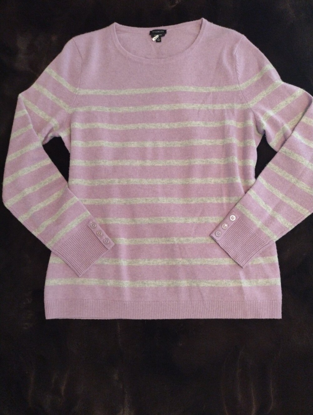Talbots 100% Cashmere Women L Striped Lavender Grey Sweater Long Sleeve